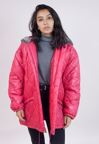 VINTAGE 90'S FUR HOODED RED QUILTED PADDED JACKET