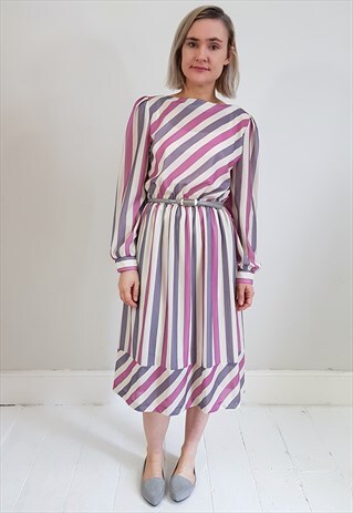 VINTAGE 80'S PINK AND GREY SHEER STRIPED DRESS