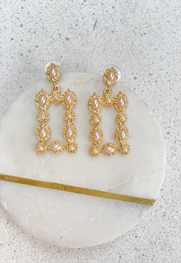 Gold Beige Faux Pearl Square Door knocker Stud  Earrings