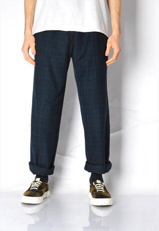 VINTAGE 80S NAVY BLUE GREEN CHECK WOOL BLEND PANTS