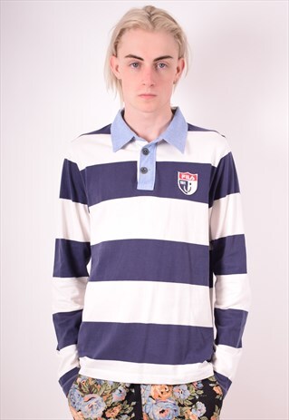 FILA MENS VINTAGE POLO SHIRT LONG SLEEVE MEDIUM BLUE STRIPES