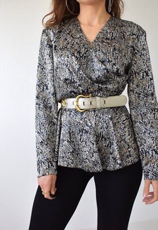 VINTAGE 80S SATIN ABSTRACT PRINT RUCHED CINCHED WAIST BLOUSE