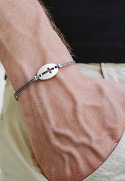 Silver cross bracelet for men grey cord christian mens gift