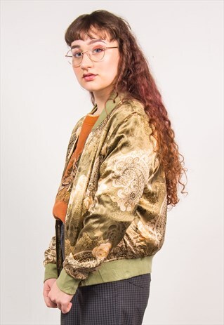 VINTAGE 90'S GREEN PAISLEY FLORAL SILK BOMBER JACKET