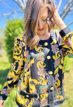 1980's vintage black blouse with multicolor paisley print