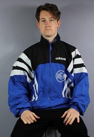 VINTAGE ADIDAS WINDBREAKER FIREBIRD JACKET IN BLUE WITH THRE