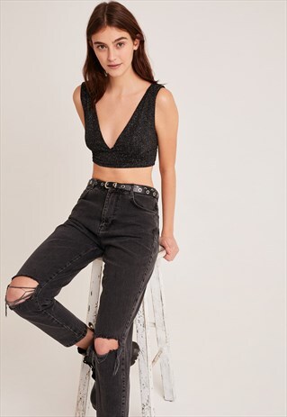METALLIC V-NECK TOP - BLACK MULTICOLOR