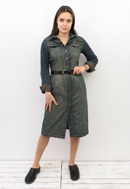  Denim Shirt Dress Jacket Coat Button Up Y2K Sarafan 90's