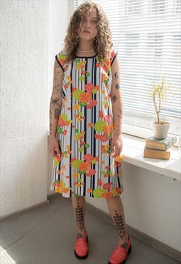 Vintage 70's Multicolour Striped/Floral Print Midi Dress