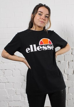Vintage Ellesse T-Shirt in Black with Spell Out Logo Size 10