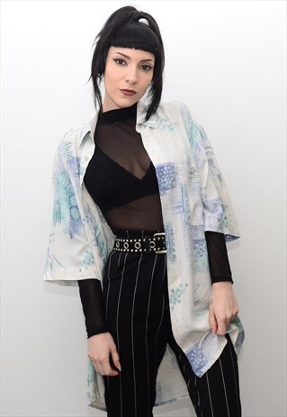 VINTAGE 90'S MINT BLUE RETRO PATTERNED BOYFRIEND SHIRT