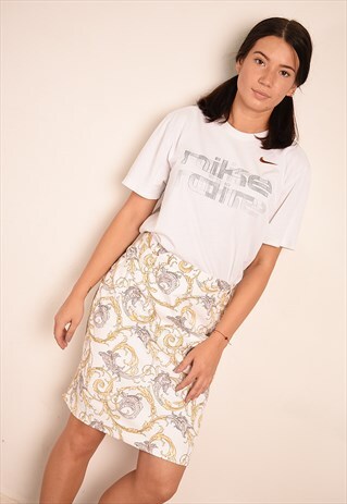 90'S RETRO BAROQUE PRINT DENIM MINI PENCIL SKIRT
