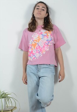 Vintage 90s Cropped T-shirt in Pink Abstract pattern