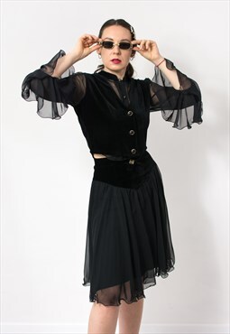 Vintage velvet gothic skirt suit in black two piece set