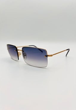 Gucci Sunglasses Rimless Blue Authentic Gold Logo Vintage 