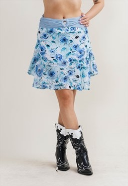 Vintage Y2k Belted Asymetric Ruffle Blue Floral Mini Skirt X