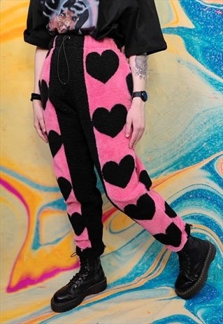 HEART FLEECE JOGGERS HANDMADE LOVE EMOJI OVERALLS PINK BLACK