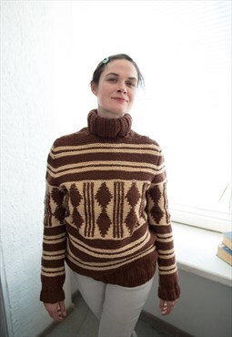 Vintage 70's Brown Patterned Wool Hand Knitted Jumper