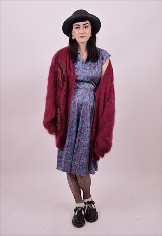 VINTAGE 70'S DOES 50'S BLUE PINK FLOWER PRINT DRESS 8 10 12