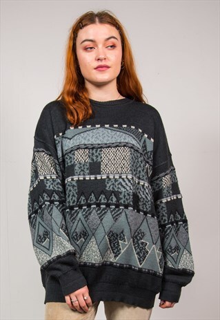 VINTAGE 90'S GREEN & BLACK PATTERN KNIT OVERSIZED JUMPER