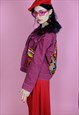 REWORKED RED WINE DENIM JACKET FLUFFY COLLAR SCI FI PATCJ