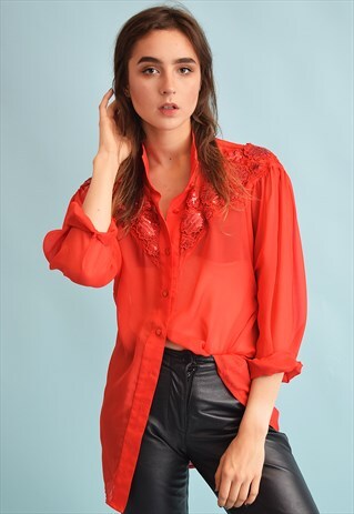 80'S RETRO SHEER OVERSIZED SEQUINED KITSCH BLOUSE TOP