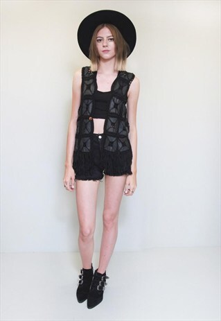VINTAGE 1970'S BLACK LEATHER PATCHED FRINGED GILET