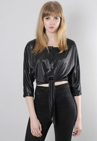 VINTAGE 80S BLACK SHEER SATIN TIE PATTERNED CROP TOP