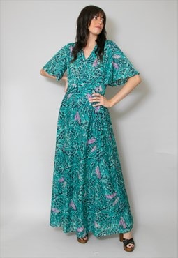 70's Vintage Ladies Feather Print Green Blue Maxi Dress