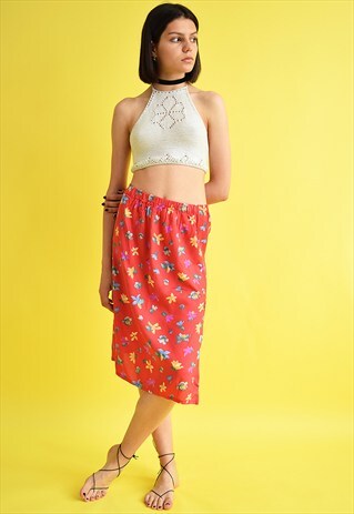 90'S RETRO BOHO RED FESTIVAL FLORAL PRINTED MIDI SKIRT