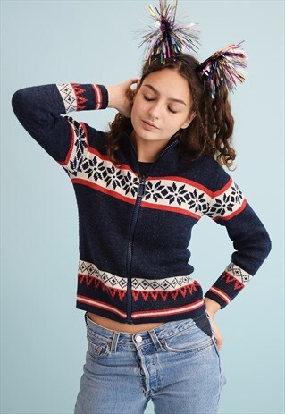 70'S RETRO FAIR ISLE NAVY KNIT CHRISTMAS CARDI JUMPER
