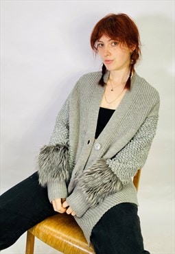 Vintage Size L Fluffy Knitted Cardigan in Grey