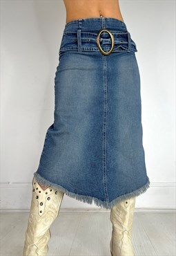 Vintage 90s Denim Skirt Midi Buckle Long Western Boho 70S