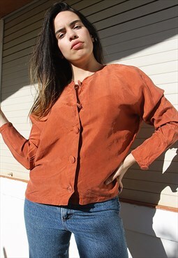Brown Button Up Long Sleeve Top with Crew Neck