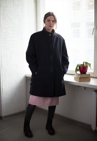 VINTAGE 80'S NAVY HIGH COLLAR WOOL COAT