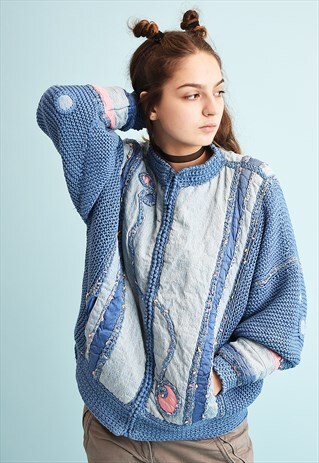 80'S RETRO CABLE KNIT & DENIM EMBROIDERED HANDMADE CARDIGAN