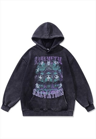 CREEPY CARTOON HOODIE GOTHIC PULLOVER ANIME JUMPER IN GREY