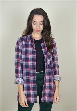 90s Vintage Blue & Red Checked Long Sleeve Flannel Shirt