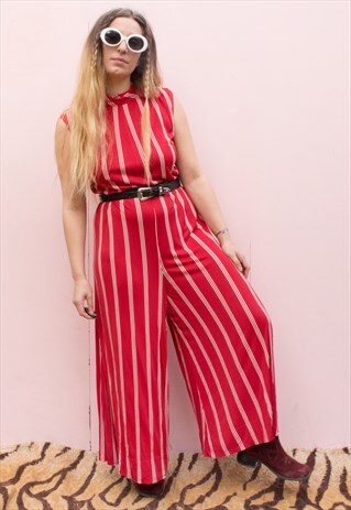 VINTAGE 80'S STRIPE WIDE LEG HIGH NECK JUMPSUIT