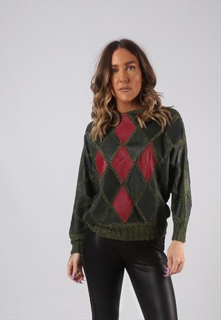 90'S LEATHER TOP JUMPER PATCHWORK KNITTED UK 10 (CKHU)
