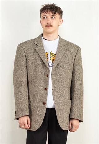 Vintage 90's Men Harris Tweed Blazer in Beige