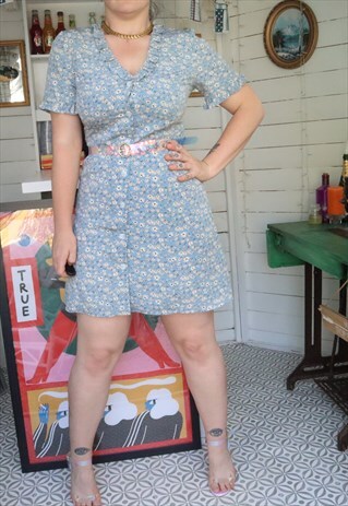 Vintage 90s Blue Floral Flower Flowery Pattern Mini Dress