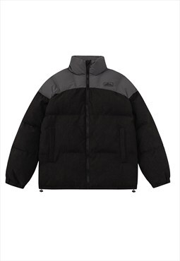 Color block bomber contrast shoulder puffer jacket in black