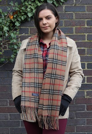 VINTAGE CASHMERE CHECKED SCARF BROWN-AS136