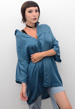 VINTAGE 90'S GENUINE SILK LAKE BLUE OVERSIZED SHIRT