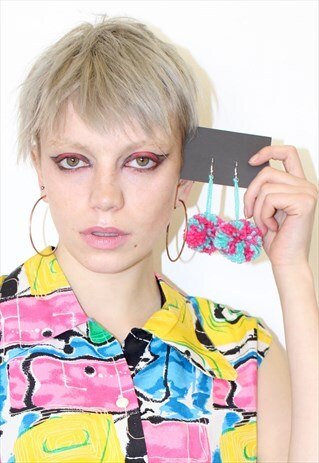 OVERSIZED LARGE POM-POM FUNKY EARRINGS PINK/BLUE