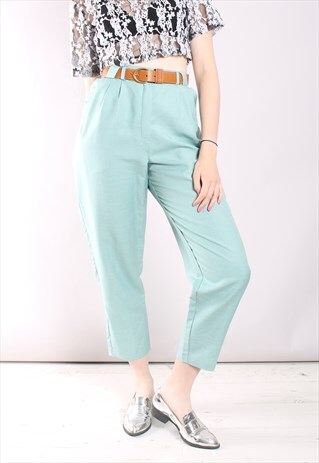 VINTAGE 80S MINT GREEN LINEN HIGH WAIST BELTED TROUSERS