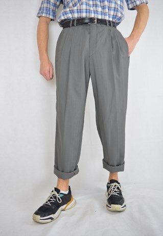 VINTAGE GREY STRIPED STRAIGHT TROUSERS