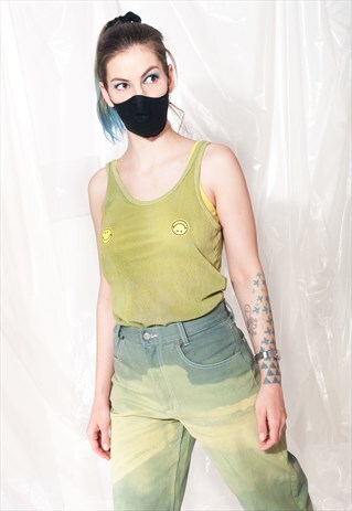 VINTAGE TOP 80S REWORKED RAVE ACID SMILEY BOOB PATCH NET TOP