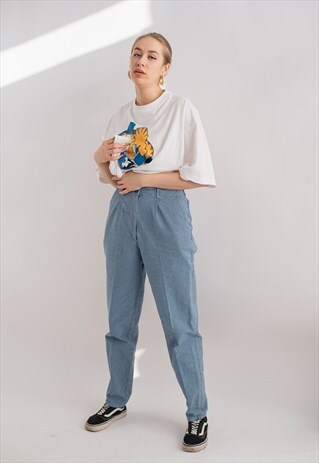 VINTAGE STRAIGHT HIGH WAIST TROUSERS IN SMALL BLUE CHECK M